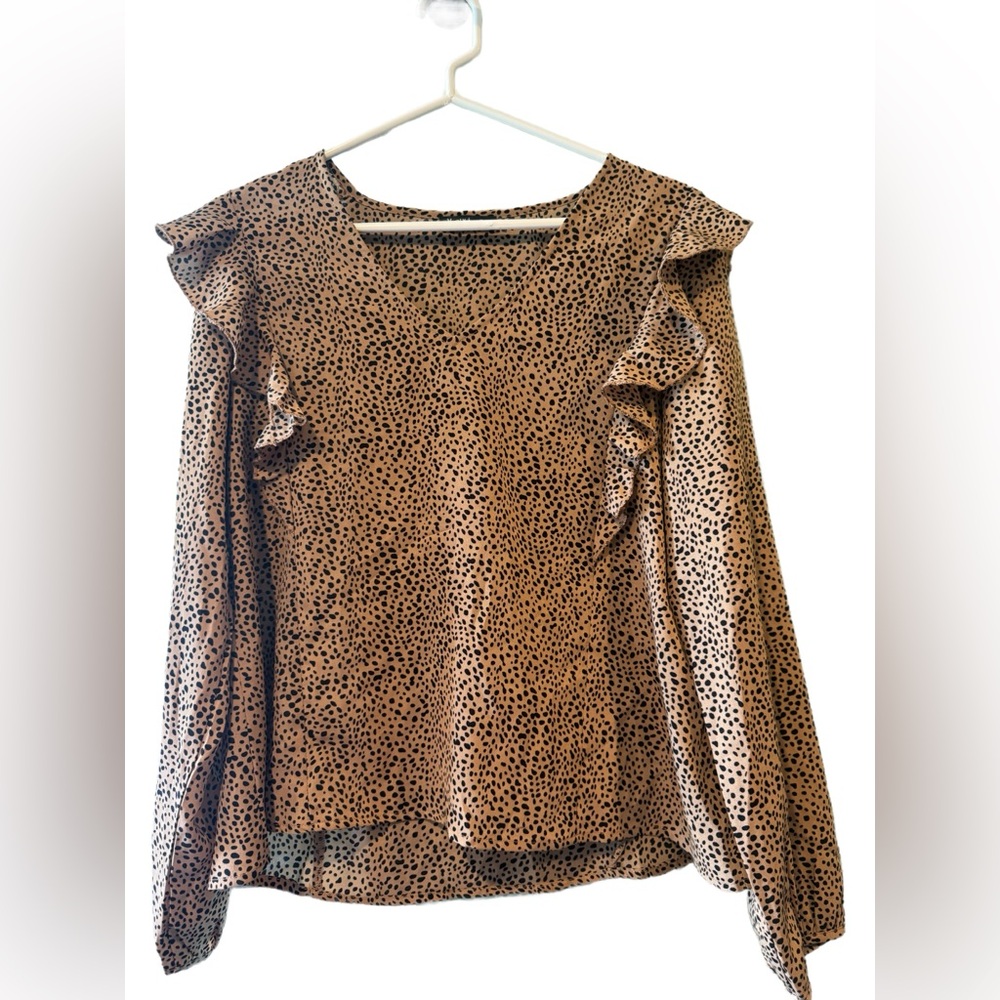 Very J Spotted Ruffle Sleeve Blouse - Tan and Black Sz medium